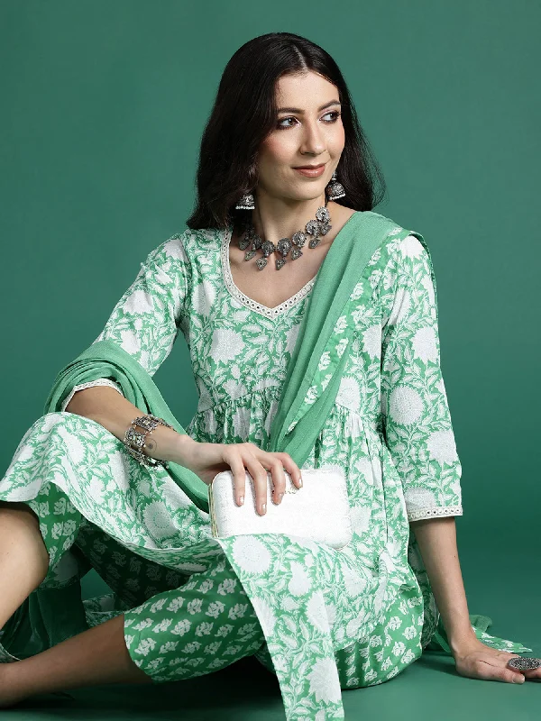 Women Green Printed A-Line Kurta Trousers With Dupatta Set Trousers Velvet Soft