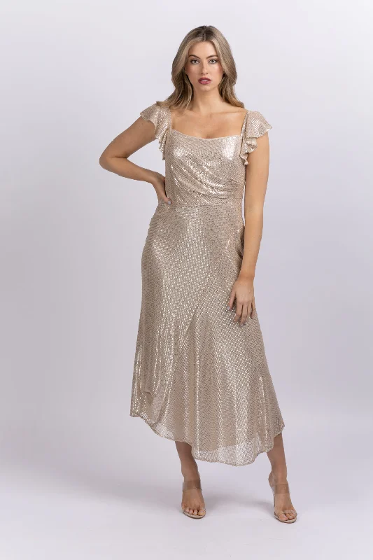 Shoshanna Tessa Metallic Midi-Dress in Silver