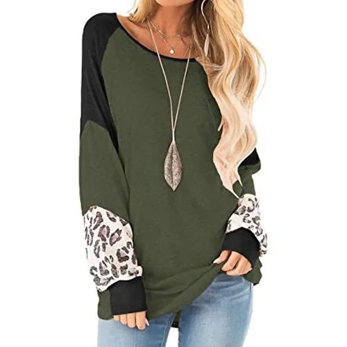 Womens Color Block Pullover Leopard Print Sweatshirt Slit Sleeve Stylish