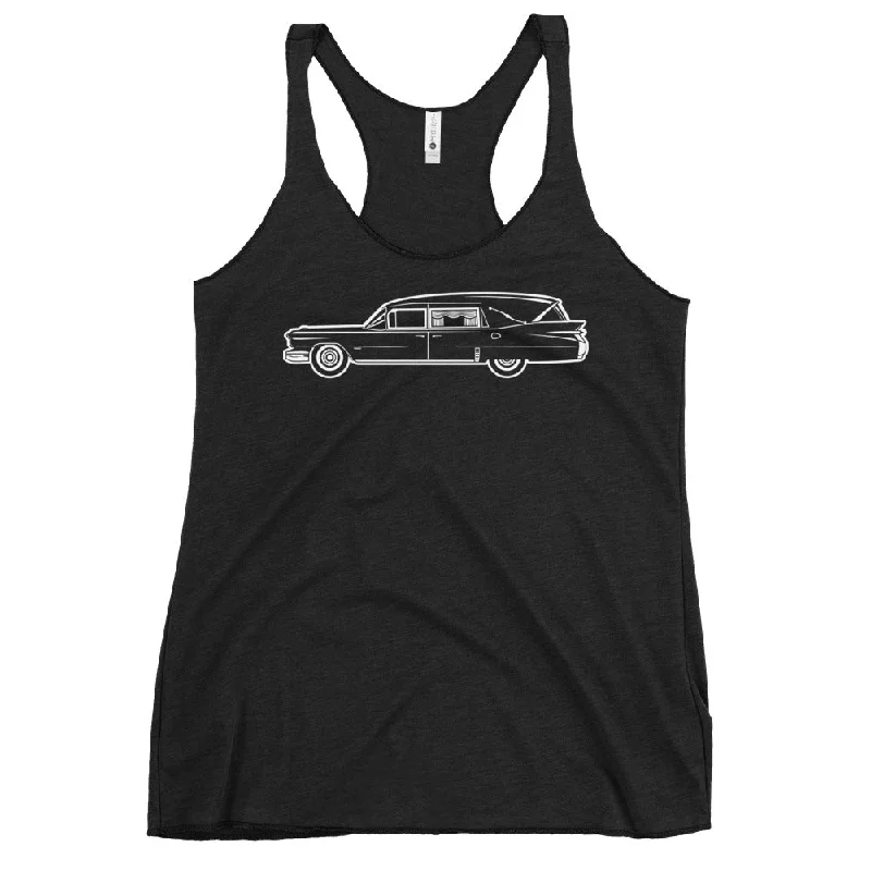 Classic Funeral Hearse Car Gothic Halloween Ride Women's Racerback Tank Top Shirt baby blue tank Classic Funeral Hearse Car Gothic Halloween Ride Women's Racerback Tank Top Shirt baby blue tank