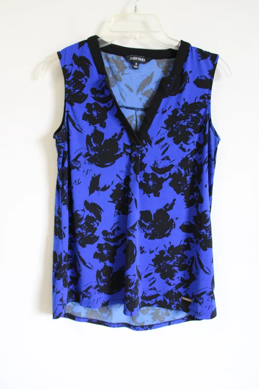 Ellen Tracy Blue Black Cobalt Floral Tank | S mesh tank top