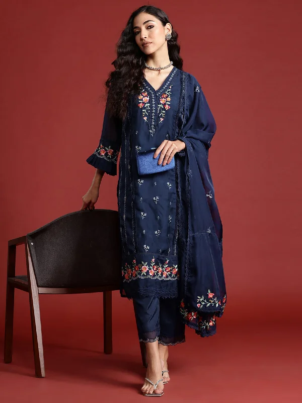 Women Navy Blue Embroidered Straight Kurta Trousers With Dupatta Set Trousers Gym Athletic Women Navy Blue Embroidered Straight Kurta Trousers With Dupatta Set Trousers Gym Athletic