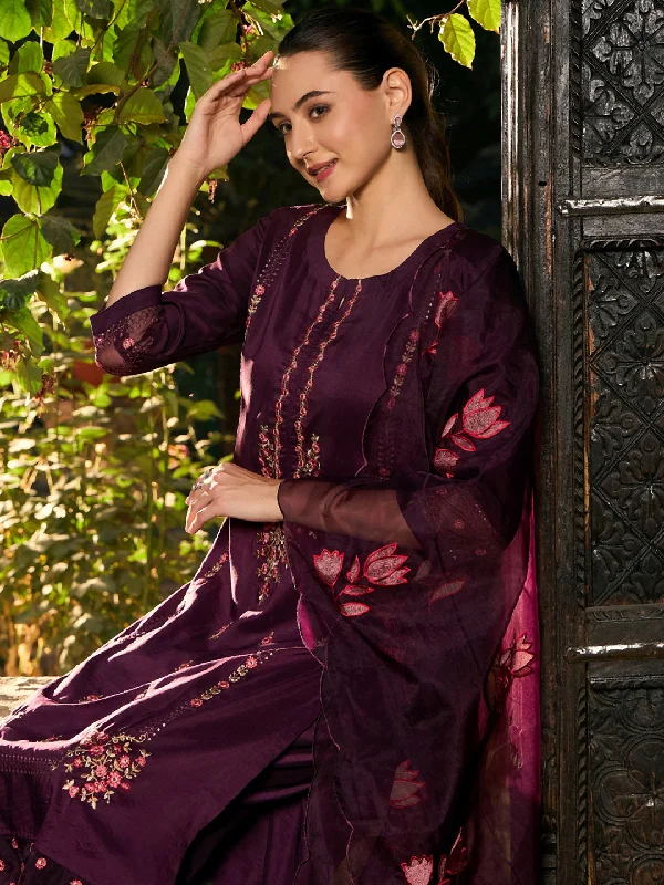 Women Burgundy Embroidered Straight Kurta Trousers With Dupatta Set Trousers Business Professional Women Burgundy Embroidered Straight Kurta Trousers With Dupatta Set Trousers Business Professional