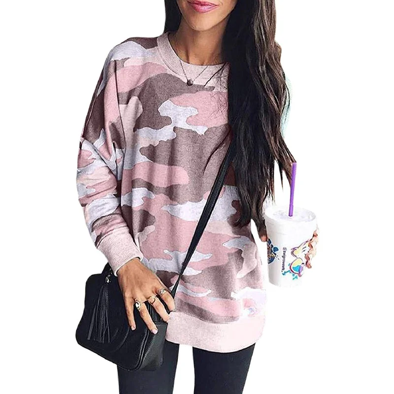 Women's Camouflage Print Casual Leopard Pullover Long Sleeve Sweatshirts Notched Neck Pullover Women's Camouflage Print Casual Leopard Pullover Long Sleeve Sweatshirts Notched Neck Pullover