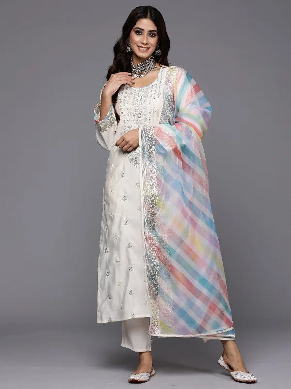 Women Cream Embroidered Straight Kurta Trousers With Dupatta Set Trousers Print Floral