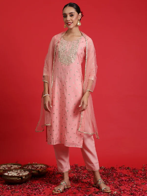Women Pink Embroidered Straight Kurta Trousers With Dupatta Set Trousers stylish modern Women Pink Embroidered Straight Kurta Trousers With Dupatta Set Trousers stylish modern