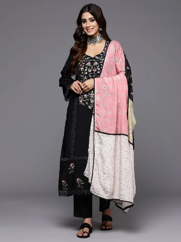Women Black Embroidered Straight Kurta Trousers With Dupatta Set Trousers Cargo pockets Women Black Embroidered Straight Kurta Trousers With Dupatta Set Trousers Cargo pockets