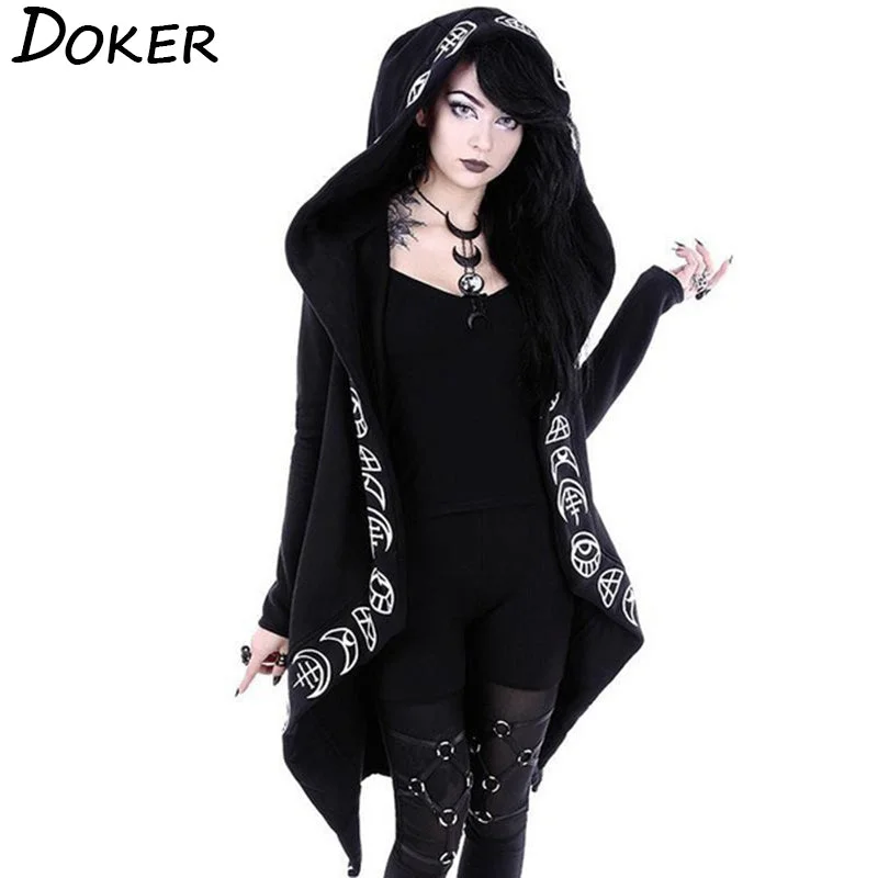 Gothic Punk Black Long Women Hoodies Hoodie with Snap Buttons Easy Quick