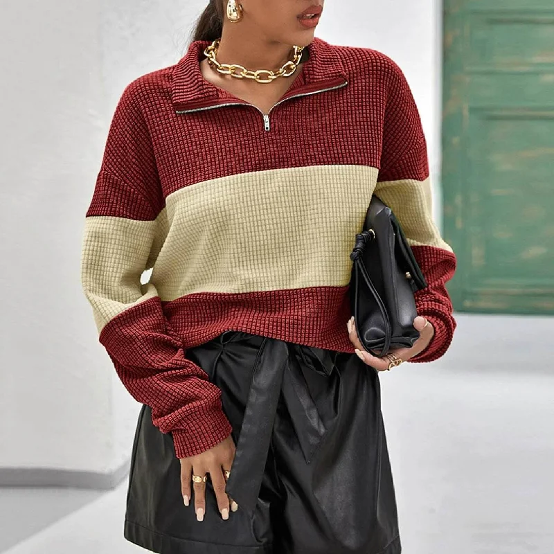 Drop Shoulder Two Tone Textured Half Placket Pullover Cap Sleeve Casual
