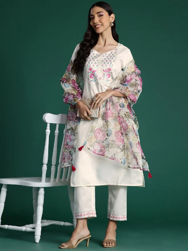 Women White Yoke Design Straight Kurta Trousers With Dupatta Set Wide Leg Loose Fit Mid Waist Women White Yoke Design Straight Kurta Trousers With Dupatta Set Wide Leg Loose Fit Mid Waist