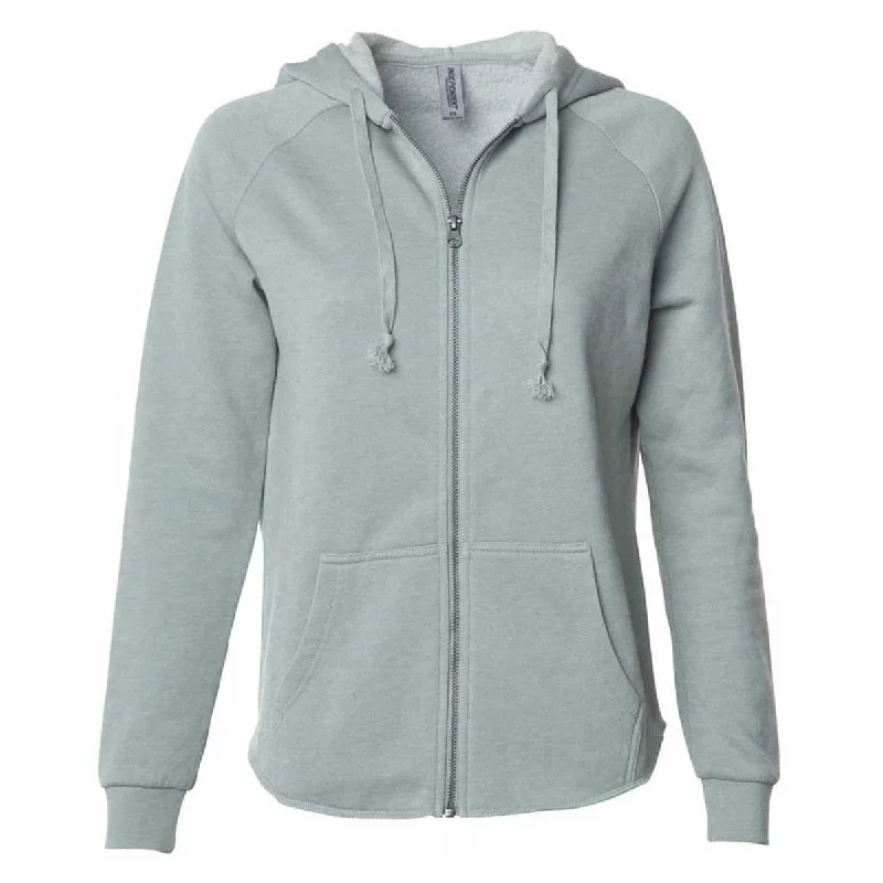 Independent Trading Co. Women's Sage California Wave Wash Full-Zip Hooded Sweatshirt Hoodie with Hem Detail Decorative Unique