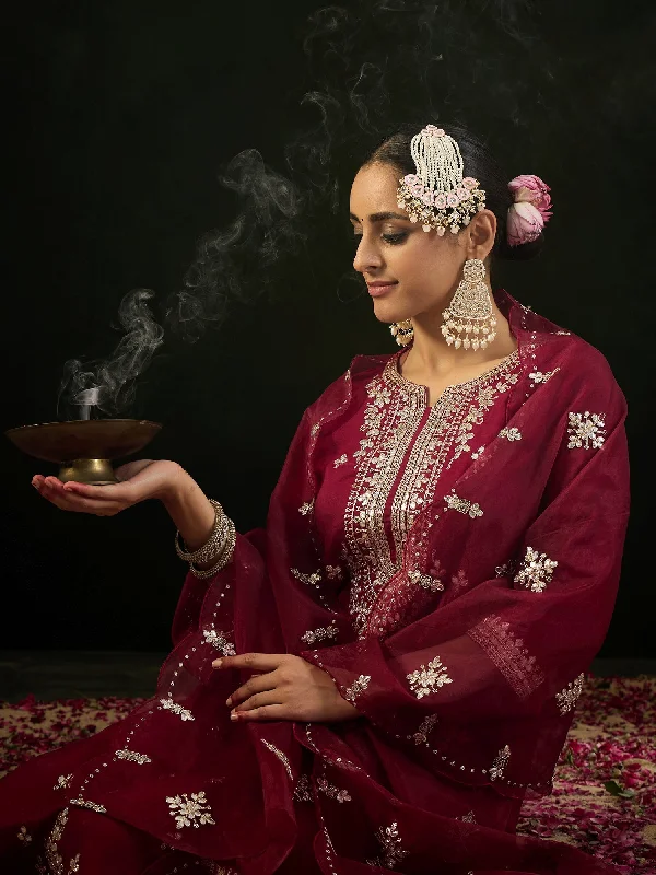 Women Maroon Embroidered Straight Kurta Trousers With Dupatta Set Trousers Office Stylish Women Maroon Embroidered Straight Kurta Trousers With Dupatta Set Trousers Office Stylish