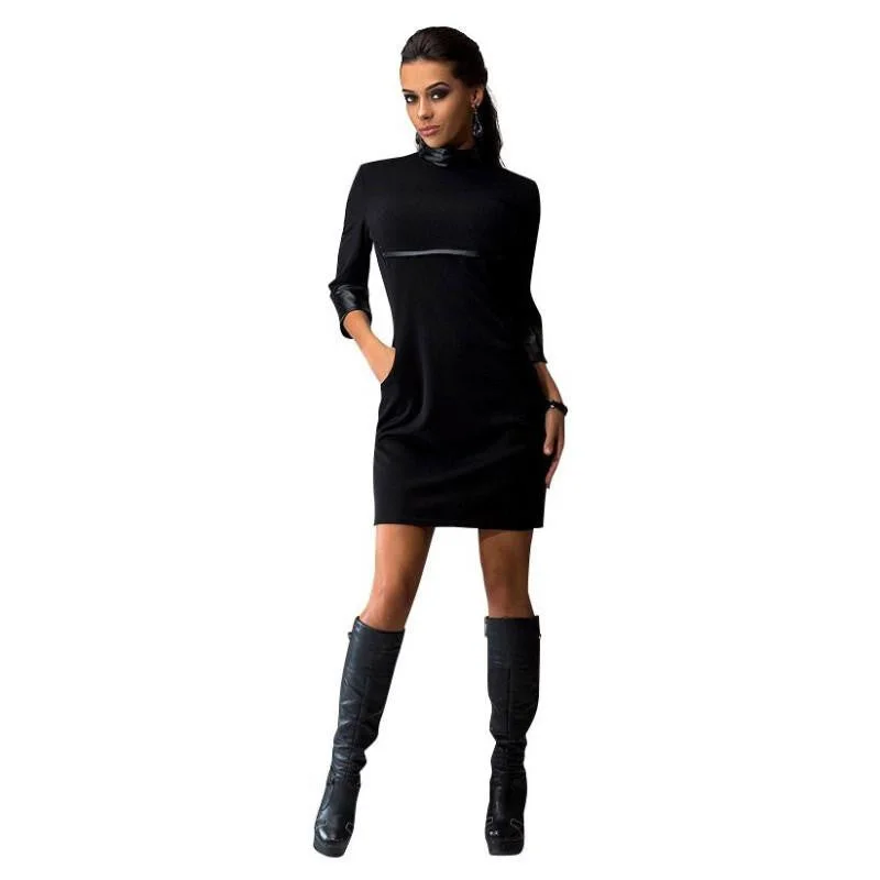 Spring Autumn Women Three Quater Sleeve Dress PU Leather Sleeve Clubwear Dress Solid Color Spring Autumn Women Three Quater Sleeve Dress PU Leather Sleeve Clubwear Dress Solid Color