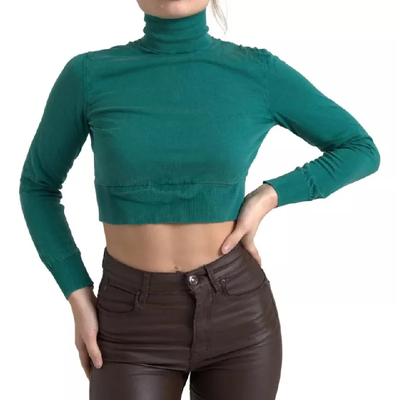 Dark Green Turtleneck Cropped Pullover Sweater Bateau Neck Pullover