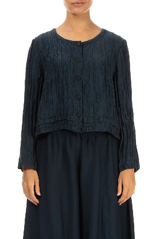 Buttons Crinkled Midnight Blue Silk Jacket Hoodie Zip-Up Jacket Button-Up Jacket