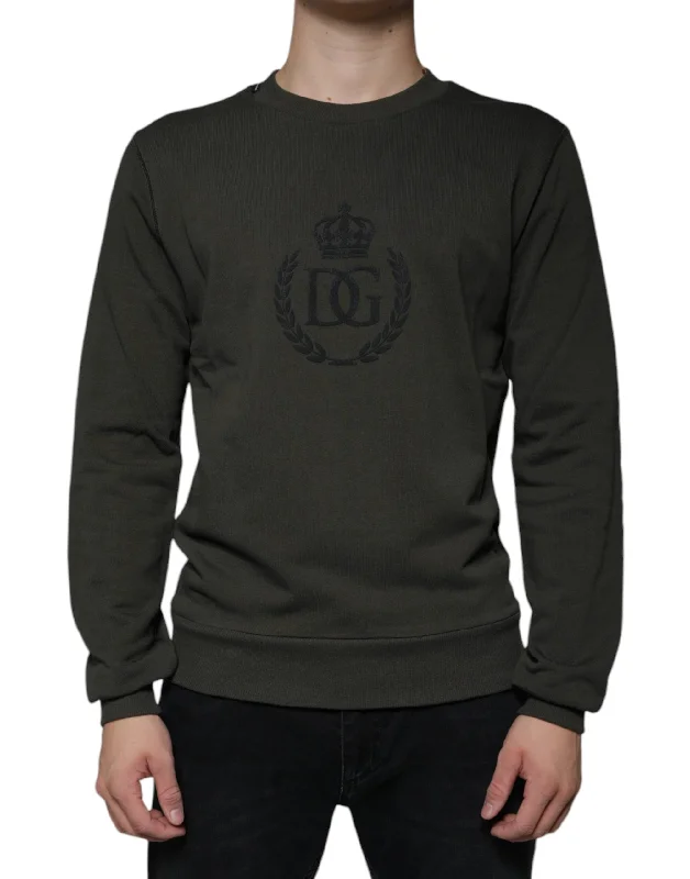 Army Green Dg Crown Crew Neck Pullover Sweater Slit Sleeve Stylish