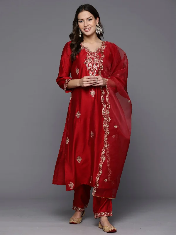 Women Red Embroidered Straight Kurta Trousers With Dupatta Set Trousers Leather Faux Women Red Embroidered Straight Kurta Trousers With Dupatta Set Trousers Leather Faux