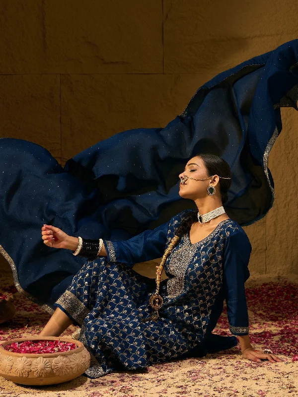 Women Blue Embroidered Straight Kurta Trousers With Dupatta Set Trousers Silk Elegant