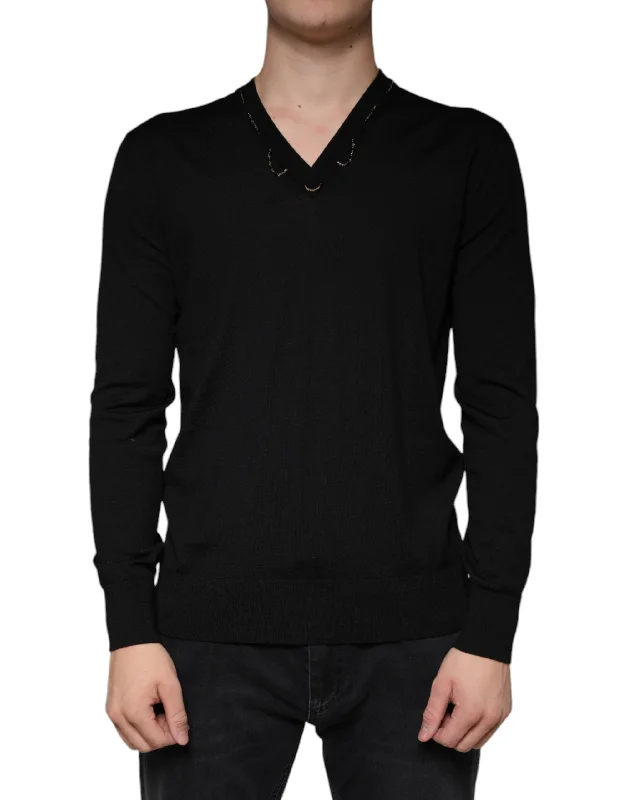 Black Embellished V-neck Pullover Sweater Slim Sleeve Pullover