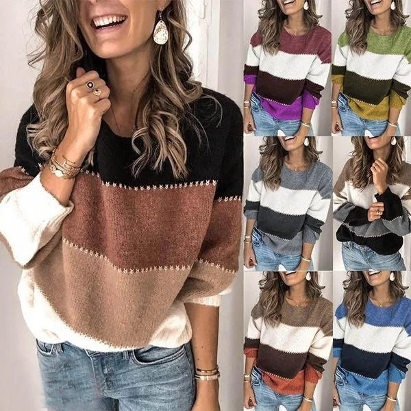 Women's Striped Patchwork Streetwear Loose Knitted Pullovers Tops Leg Sleeve Comfort Women's Striped Patchwork Streetwear Loose Knitted Pullovers Tops Leg Sleeve Comfort