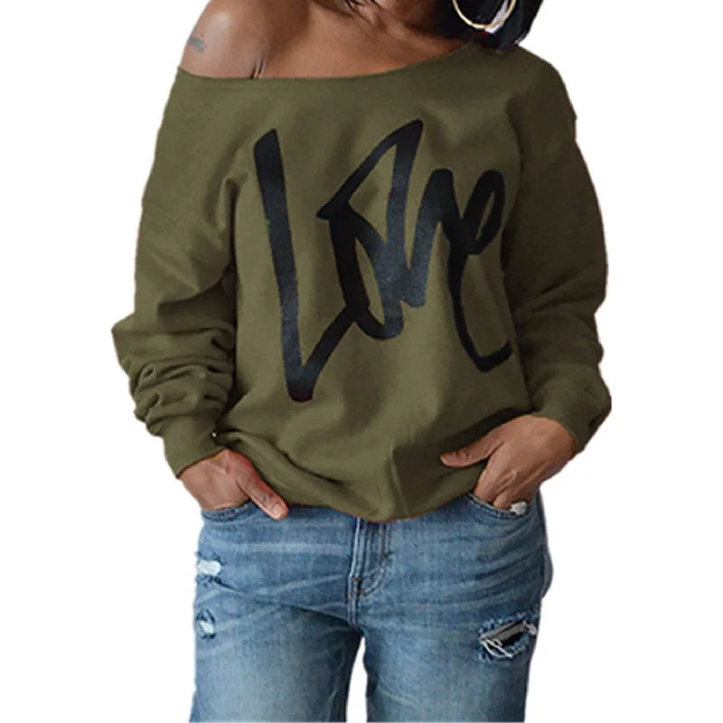 Womens Love Letter Printed Off Shoulder Pullover Sweatshirt Slouchy Tops Shirts Sheath Sleeve Elegant Womens Love Letter Printed Off Shoulder Pullover Sweatshirt Slouchy Tops Shirts Sheath Sleeve Elegant