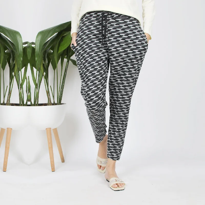 Women's Stretched Printed Trouser - Black & Grey Trousers Culottes Wide Leg