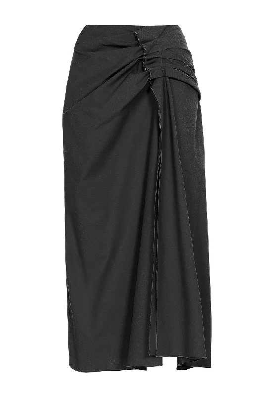 Gathered Midi Skirt - Black elastic waist skirt