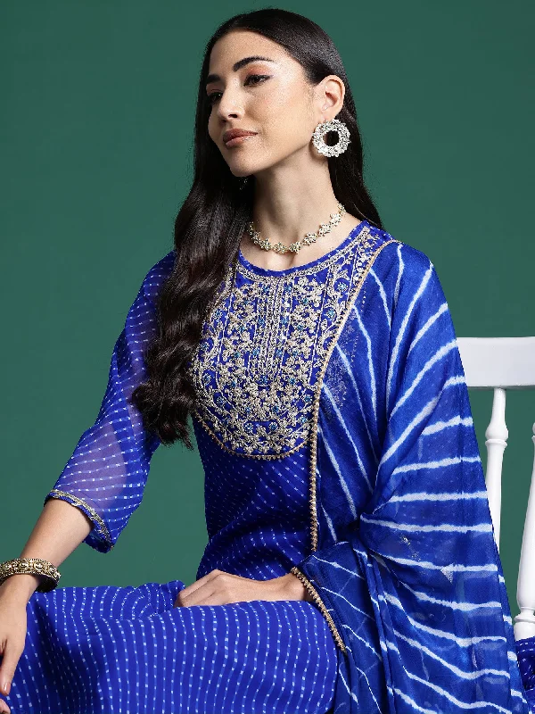 Women Blue Printed Straight Kurta Trousers With Dupatta Set Trousers Office Stylish