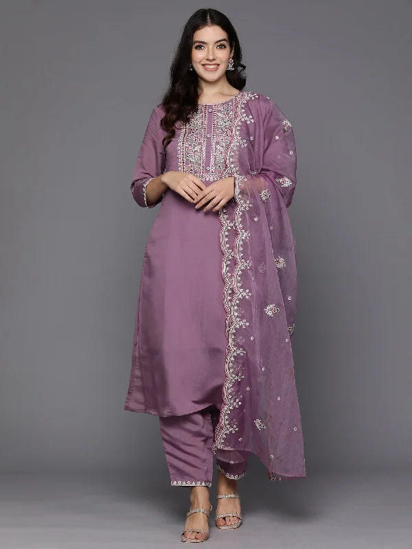 Women Lavender Embroidered Straight Kurta Trousers With Dupatta Set Trousers Ceremony Elegant Women Lavender Embroidered Straight Kurta Trousers With Dupatta Set Trousers Ceremony Elegant