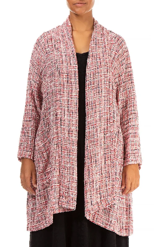 Open Red & White Tweed Jacket Boat Neck Shawl Collar Notched Collar