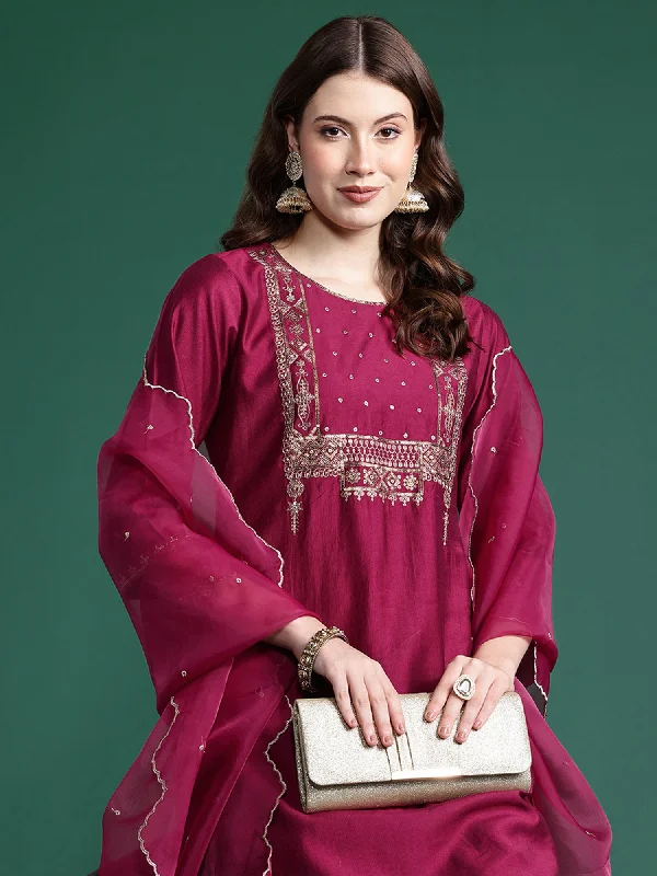 Women Burgundy Embroidered Straight Kurta Trousers With Dupatta  Set Trousers Party Sparkling