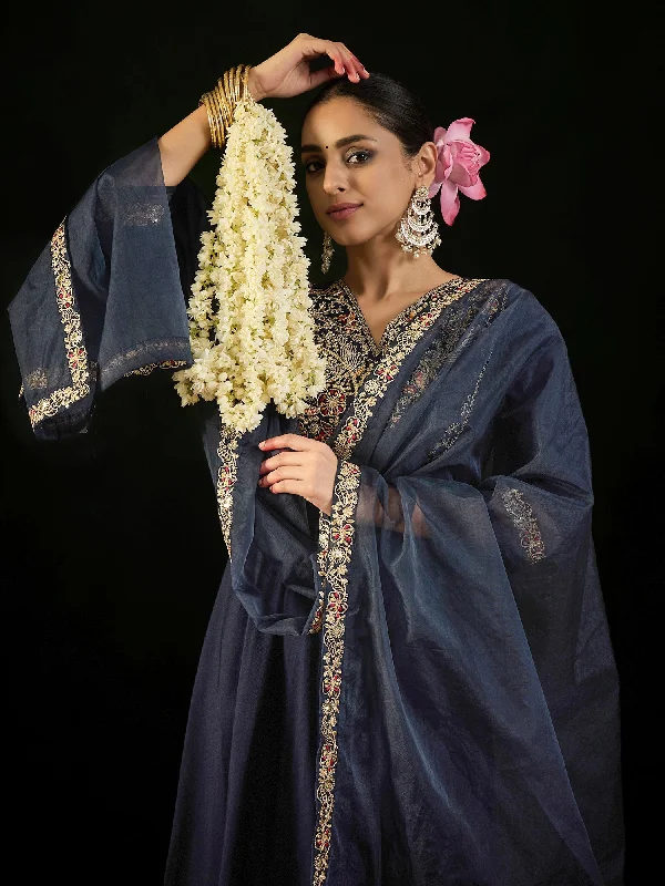 Women Navy Blue Embroidered A-Line Kurta Trousers Set Trousers Trousers Formal