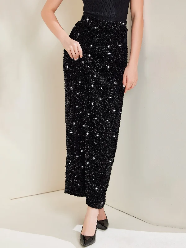 Sequin Velvet Elastic Waist Sparkle Party Maxi Skirt maxi skirt elegant