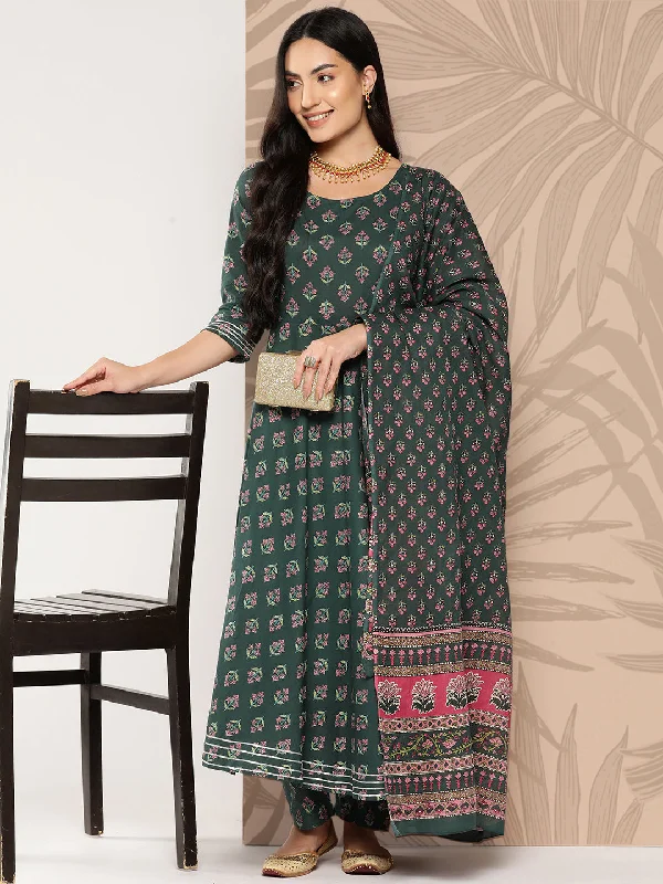 Women's Green Ethnic Printed Anarkali Kurta With Trouser And Dupatta - Nayo Clothing Trousers Travel Practical Women's Green Ethnic Printed Anarkali Kurta With Trouser And Dupatta - Nayo Clothing Trousers Travel Practical