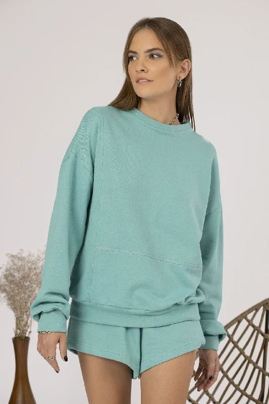 The Gia Sweatshirt in Mint Green Hoodie with Button Placket Classic Preppy