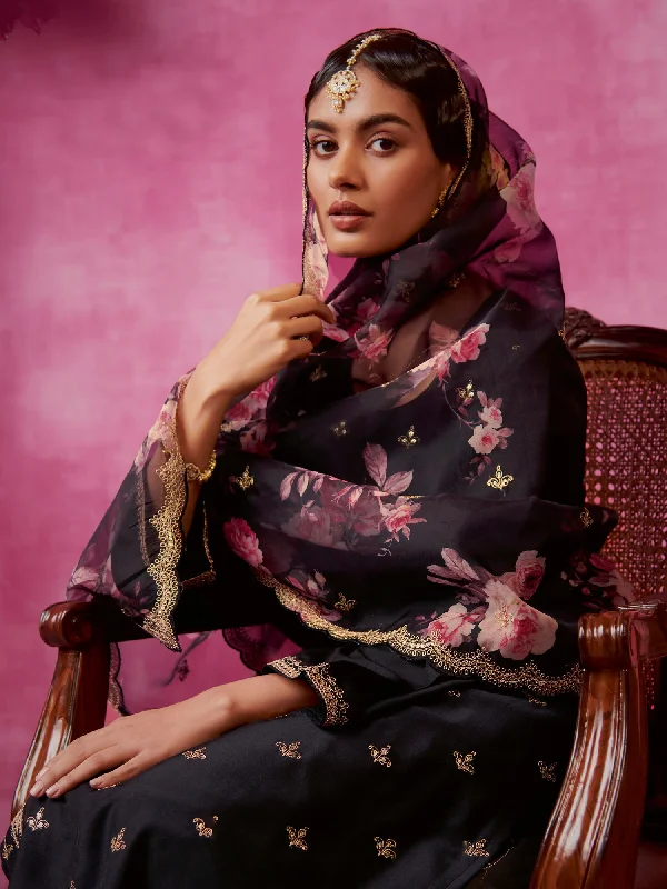 Women Black Embroidered Straight Kurta Trousers With Dupatta Set Trousers Running Lightweight Women Black Embroidered Straight Kurta Trousers With Dupatta Set Trousers Running Lightweight