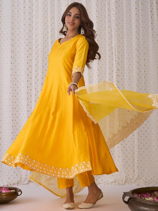 Women Yellow Embroidered Anarkali Kurta Trousers With Dupatta Set Trousers versatile functional Women Yellow Embroidered Anarkali Kurta Trousers With Dupatta Set Trousers versatile functional
