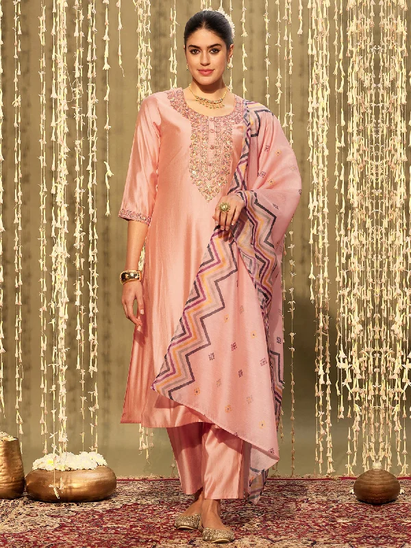 Women Pink Embroidered Straight Kurta Trousers With Dupatta Set Trousers Print Floral Women Pink Embroidered Straight Kurta Trousers With Dupatta Set Trousers Print Floral