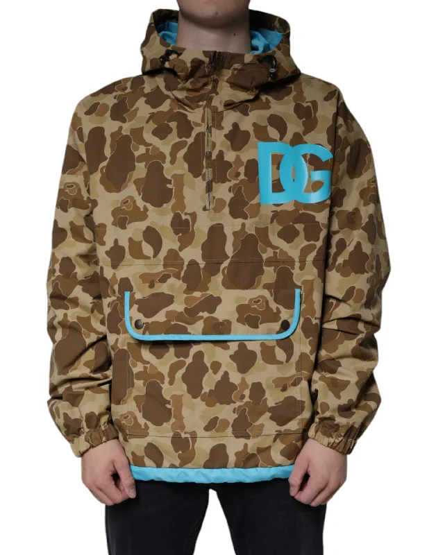 Brown Camouflage Hooded Pullover Jacket Tight Sleeve Top