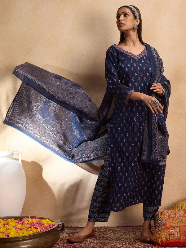 Women Blue Printed Straight Kurta Trousers With Dupatta Set Trousers Capri Summer