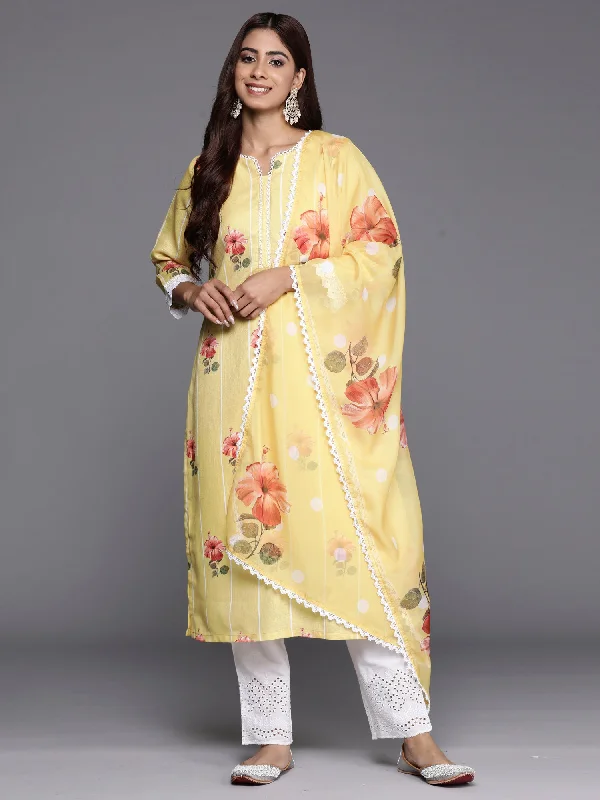 Women Yellow Printed Straight Kurta Trousers With Dupatta Set Trousers Denim Blue