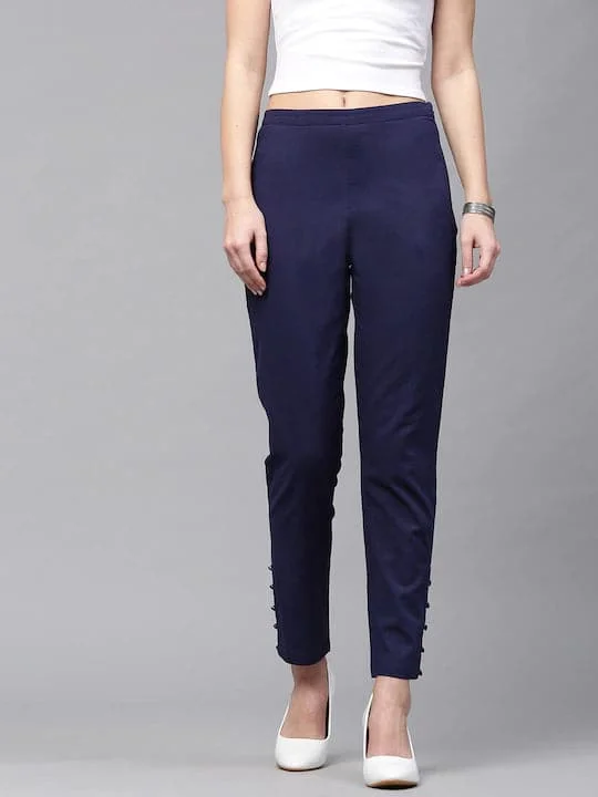 Women Navy Blue Regular Fit Solid Cropped Trousers Trousers Spring Floral