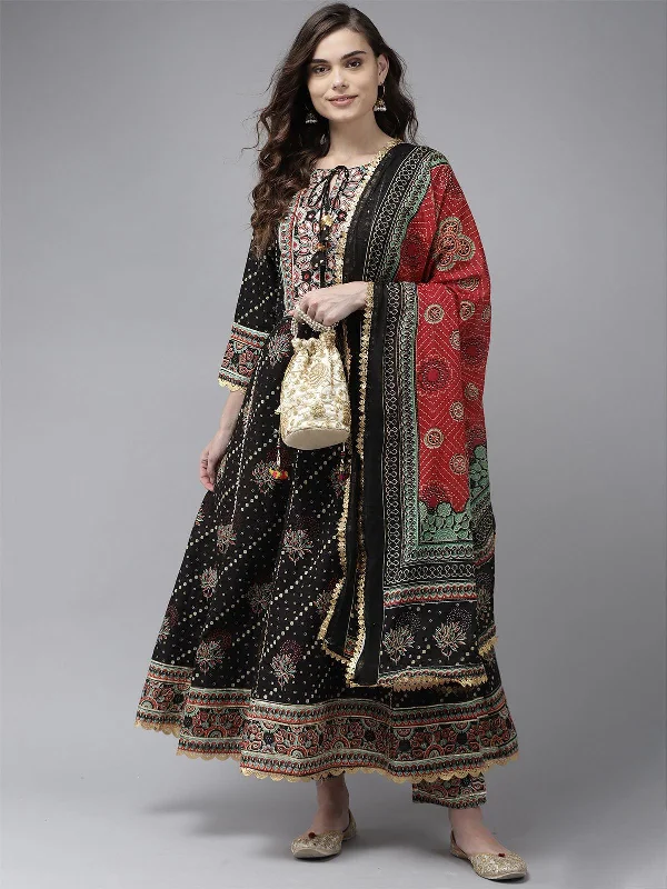 Women's Black Embroidered A-Line Kurta Trouser With Dupatta Set - Odette Trousers Leather Faux