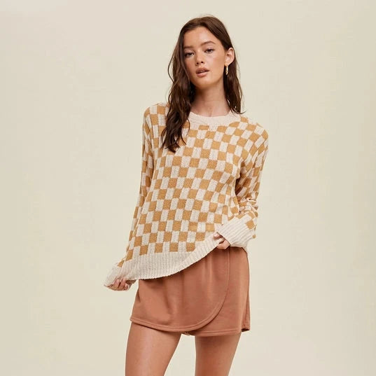 Women's Lightweight Checkered Pullover Sweater in Cream & Caramel Chunky Knit Pullover Women's Lightweight Checkered Pullover Sweater in Cream & Caramel Chunky Knit Pullover