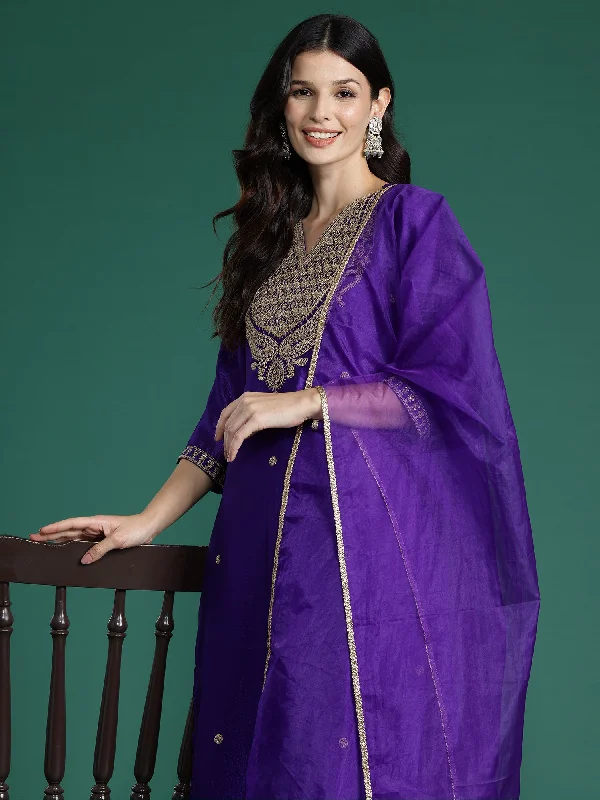 Women Purple Embroidered Straight Kurta Trousers With Dupatta Set Trousers Wedding White