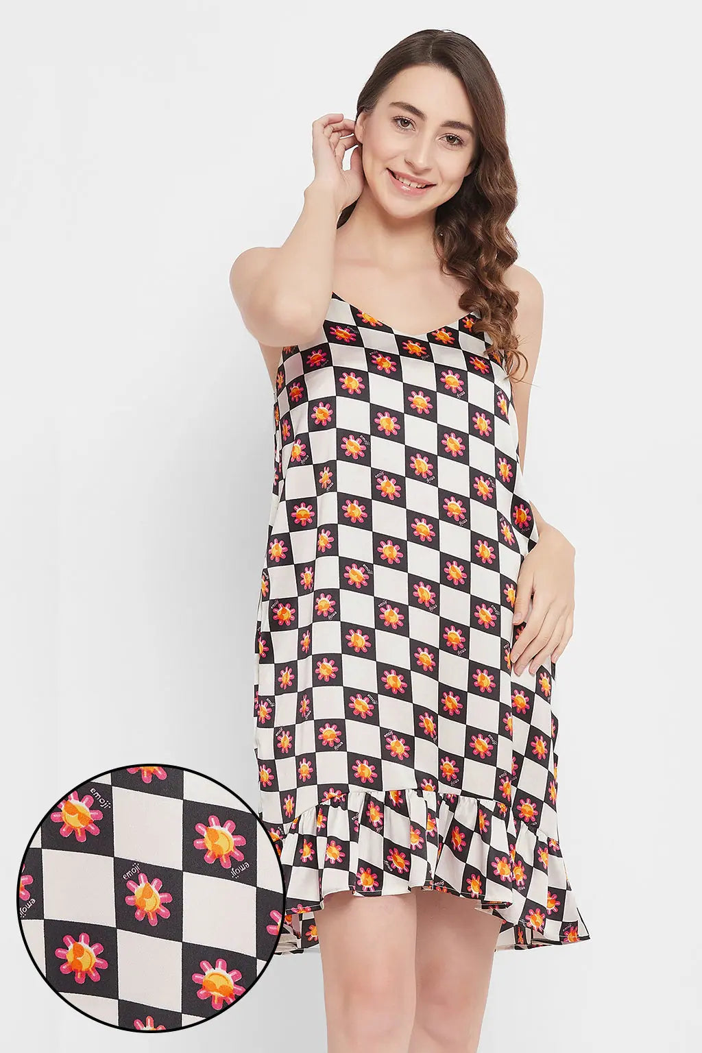 Emoji Print Short Night Dress in White - Satin