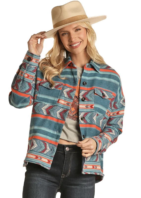 Rock & Roll Cowgirl Women's Boxy Fit Shirt Jacket Blue Cotton Fabric Linen Fabric Terry Fabric Rock & Roll Cowgirl Women's Boxy Fit Shirt Jacket Blue Cotton Fabric Linen Fabric Terry Fabric