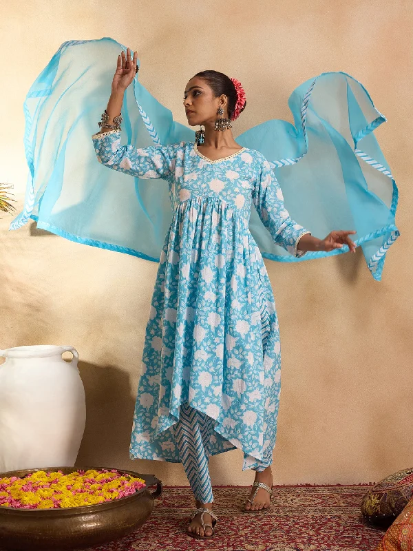 Women Blue Printed A-Line Kurta Trousers With Dupatta Set Trousers Corduroy Warm