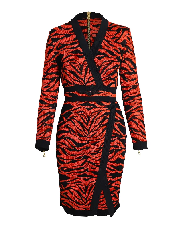 Balmain Wrap-Effect Printed Knit Dress in Orange Viscose