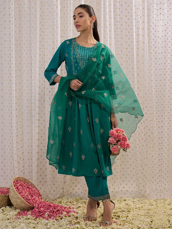 Women Teal Embroidered A-Line Kurta Trousers With Dupatta Set Trousers stylish elegant Women Teal Embroidered A-Line Kurta Trousers With Dupatta Set Trousers stylish elegant